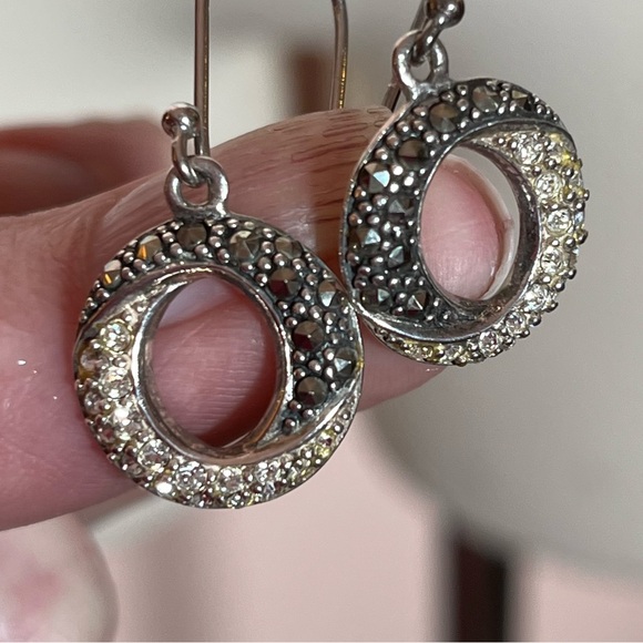 Vintage 1980's 90's sterling silver marcasite diamond art deco dangle earrings - Picture 3 of 16